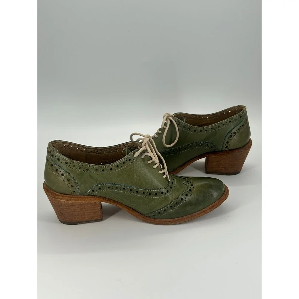 Frye Olive Green Leather Wingtip Oxford Heels Lace Up Shoes Women's 7.5 B